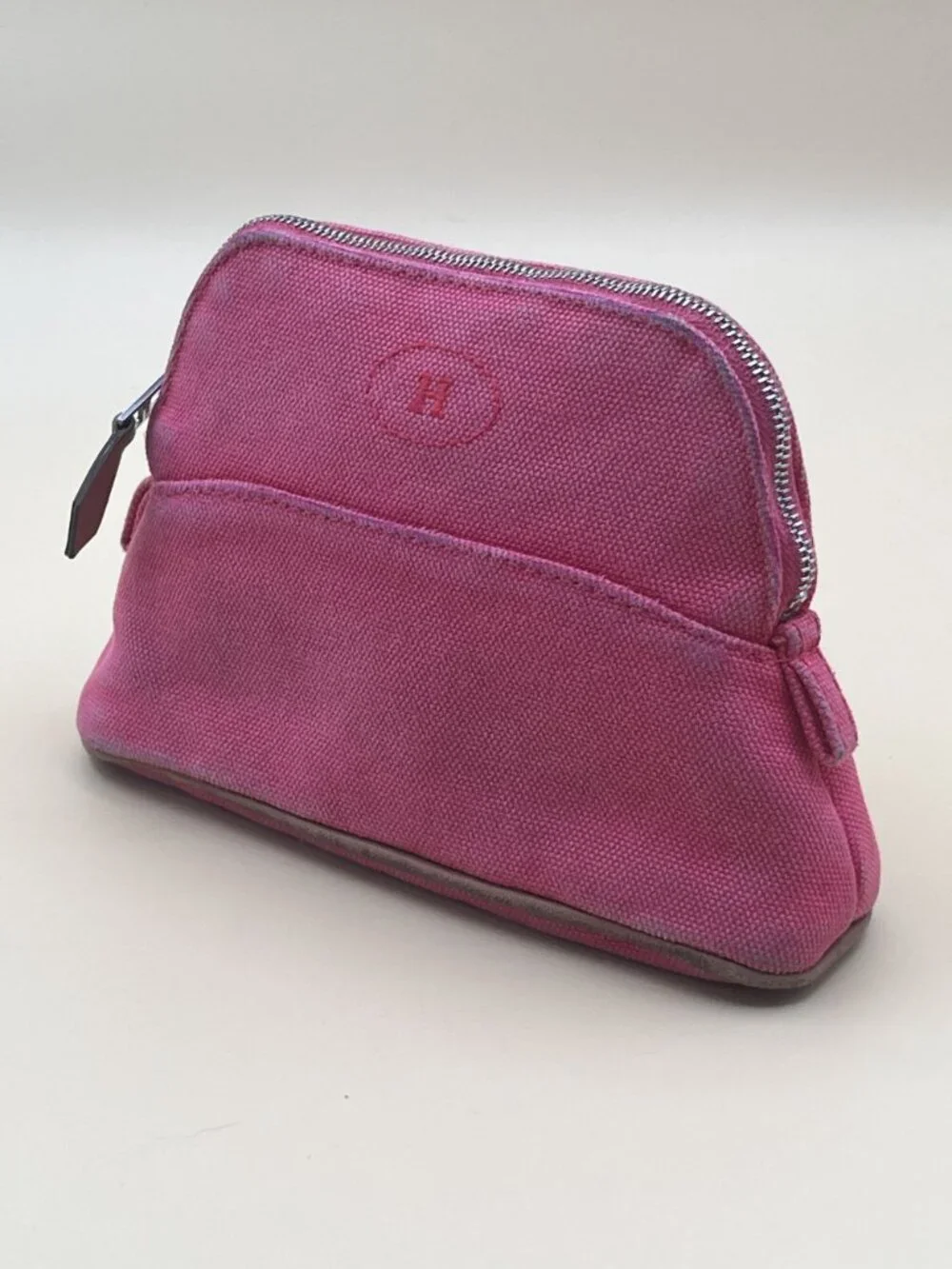 Hermes Cosmetic Pouch Pink-Red Canvas Zip Trousse Case Orange Lining Made in Fra